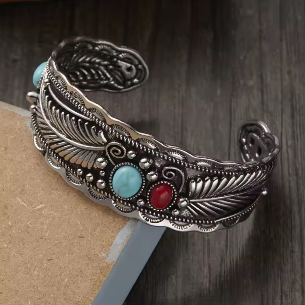Vintage Retro Silver Feather Cuff Bracelet